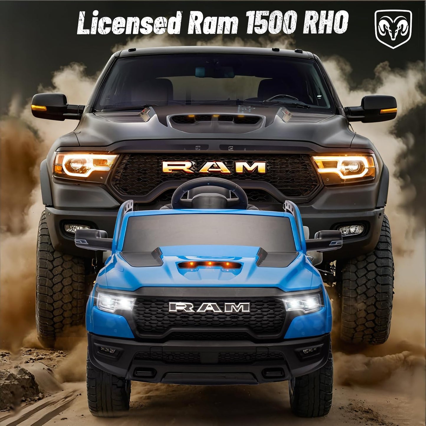 Licensed Ram 1500 Ride on Toys for Kids 4-8, Ride-on Electric Car for Kids with Remote Control, Battery Powered with Car Key/Gear Selector, LED Light/Music/MP3, Back Storage (Blue)
