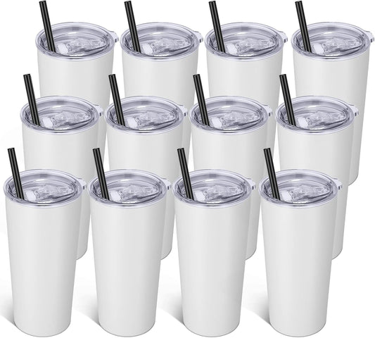 VEGOND 20oz Tumbler Bulk with Lid and Straw 12 Pack, Stainless Steel Vacuum Insulated Tumbler, Double Wall Coffee Cup Travel Mug, White