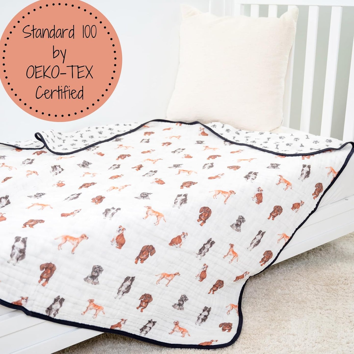 LollyBanks Muslin Baby Blanket 100% Organic Cotton, Muslin Quilt Lightweight, 6 Layers Baby Blankets 47"x 47", Toddler Blanket for Boy and Girl, Nursery Receiving Blankets (Puppies Print)