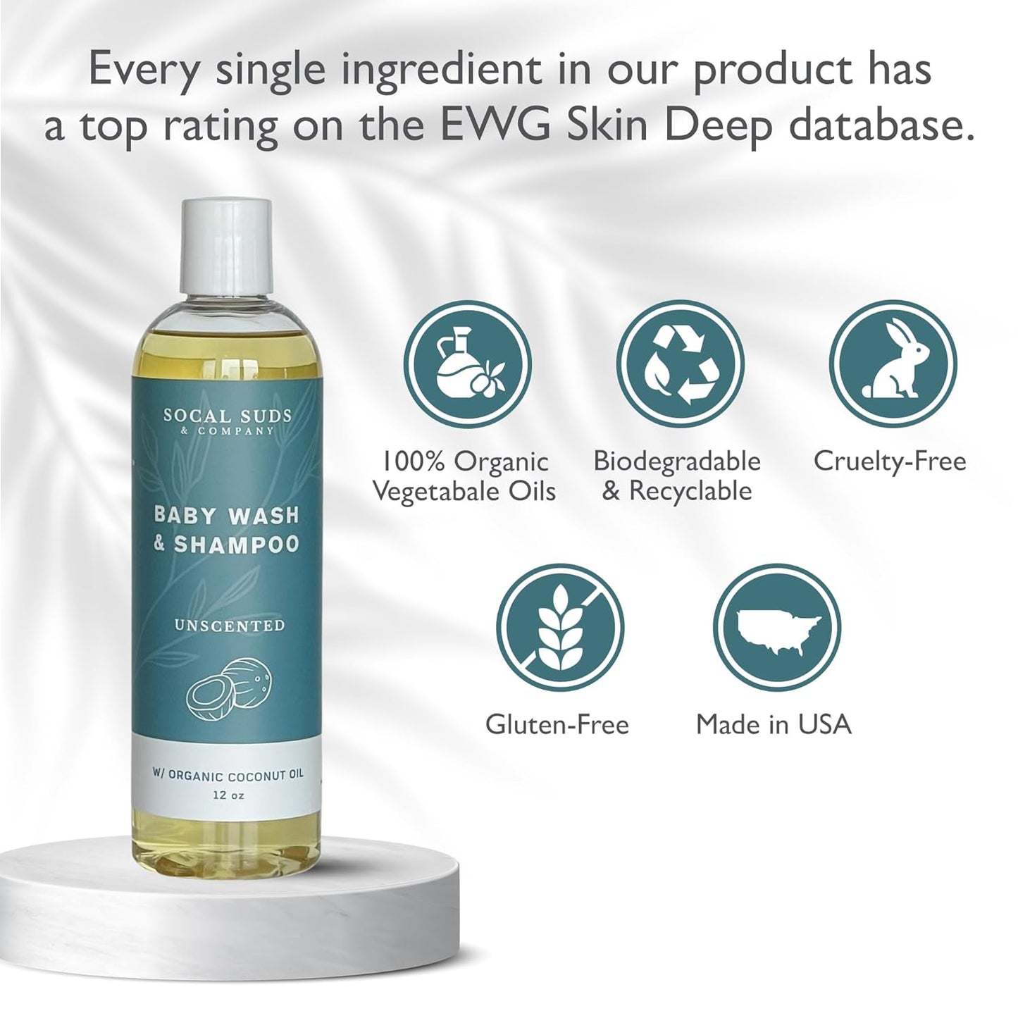 SoCal Suds & Company Baby Shampoo & Body Wash, 2-in-1 Organic Gel - Gentle Castile Soap with Vitamin-Infused Oils & Botanicals for Sensitive Skin & Body Hypoallergenic - 12oz Fragrance Free