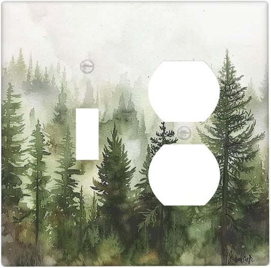 Wallplates Green Forest Watercolor Painting Foggy Pine 1 Toggle 1 Duplex Switch Plate Electrical GFCI Faceplate Decorative Light Switch Covers for Bedroom living Room Decor