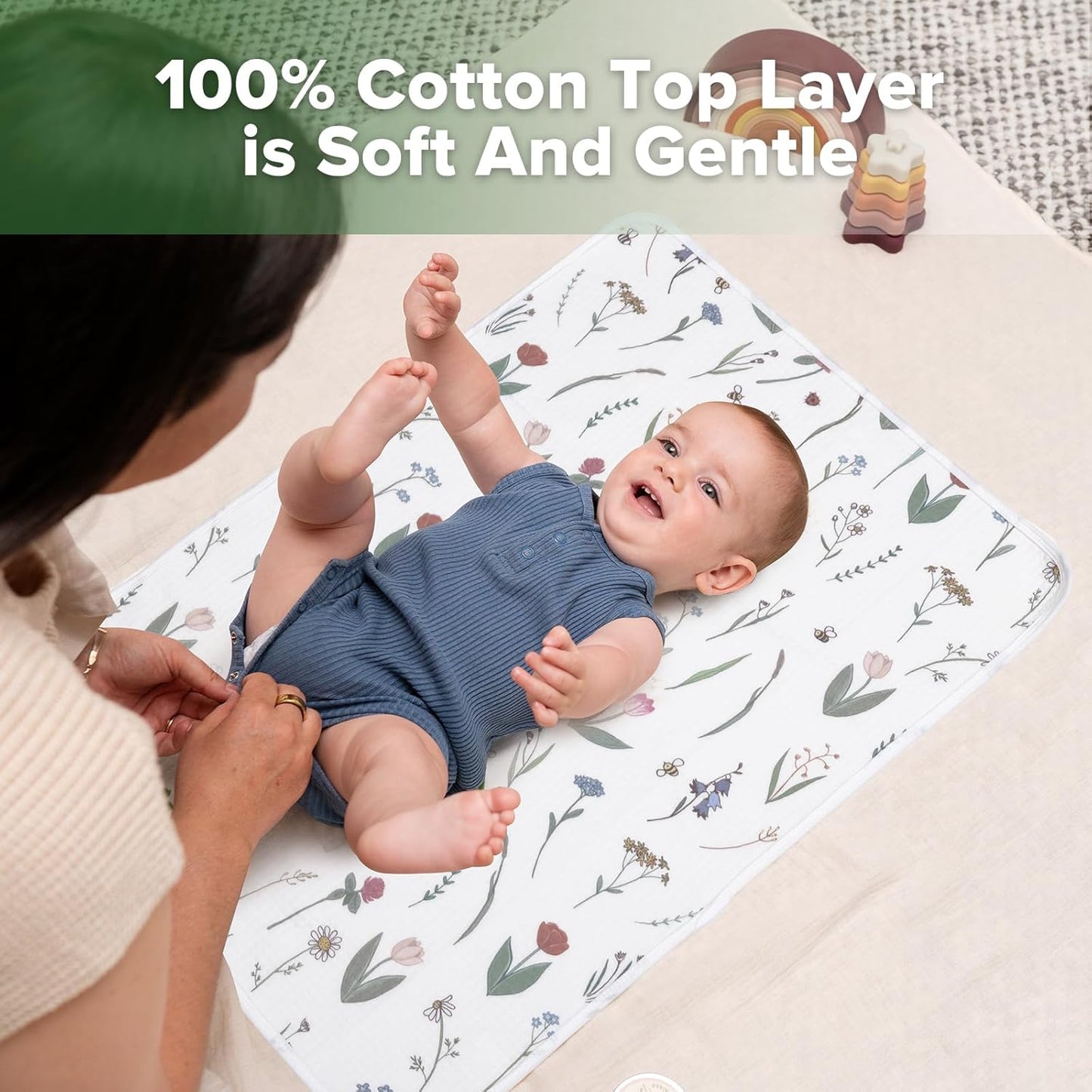 haakaa Waterproof Changing Pad Liners, 100% Cotton, Soft & Breathable (1pc, 19.5" x 27.5" Honey Blossom)