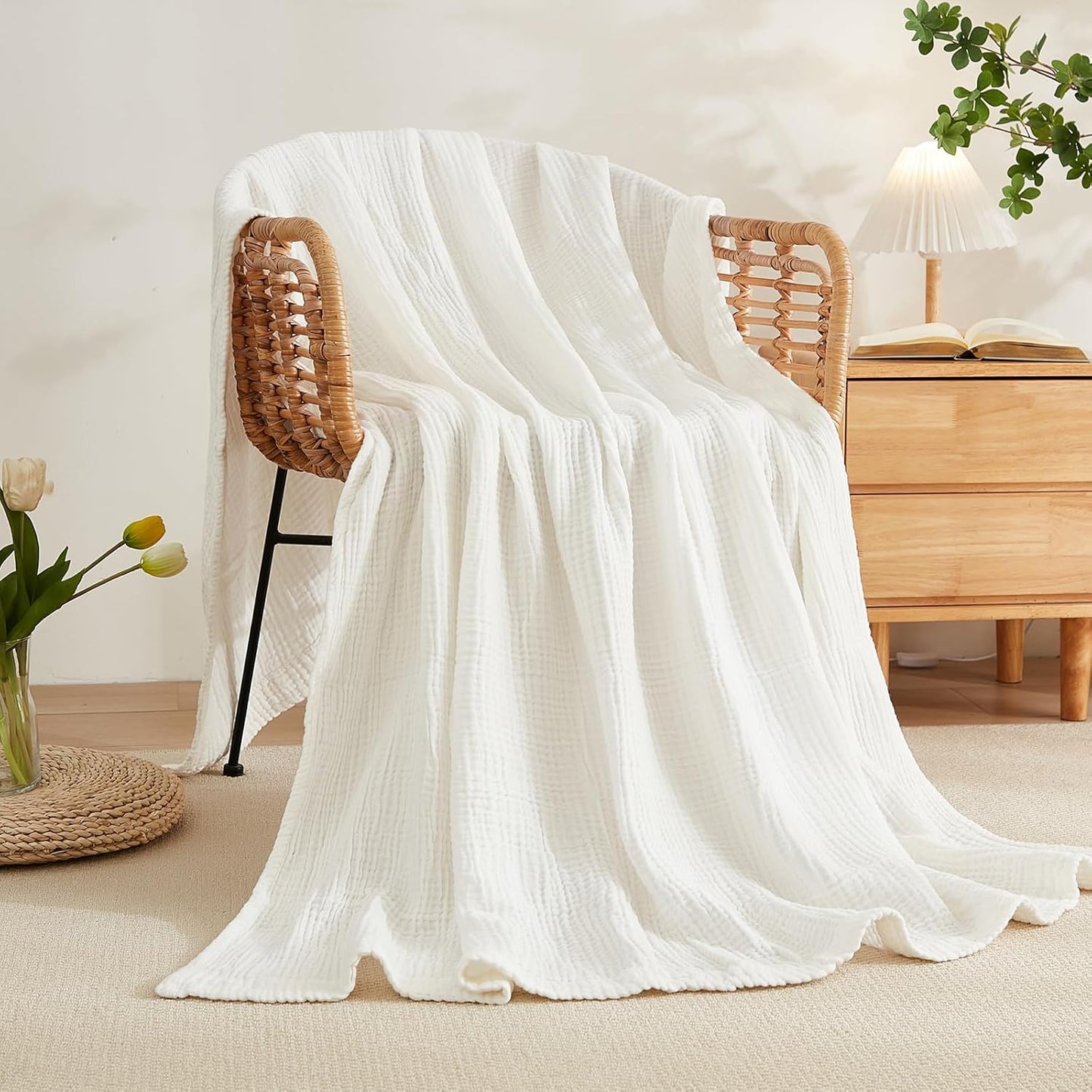 EMME Cotton Blanket Queen Size for Bed Soft Large Muslin Bed Bedspread 90"x90" Lightweight Breathable White Blanket All Season Gauze, White