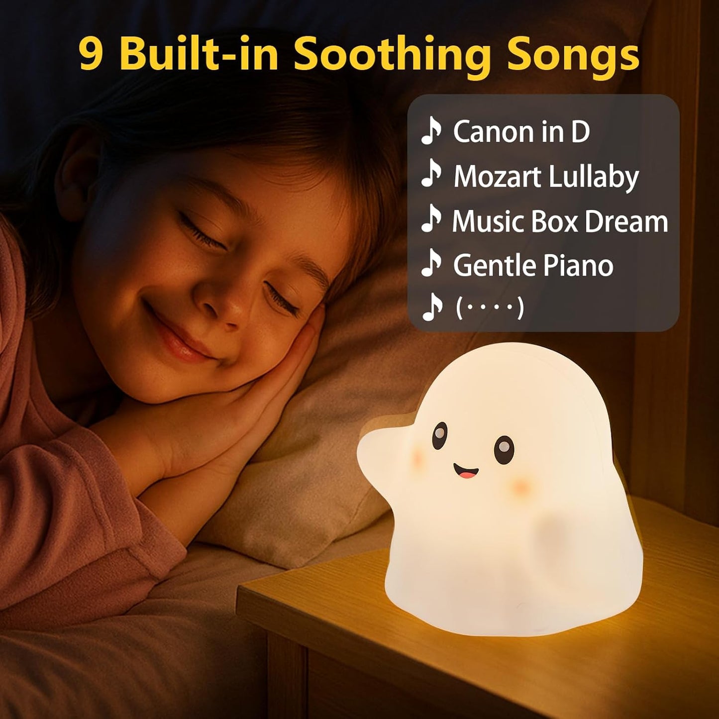 Halloween Ghost Night Light RGB – Touch Night Light for Kids, Rainbow Color-Changing,30-Min Timer,Sounds & Sleep Music, Squishy Silicone, USB Rechargeable, Nursery Decor, Ghost Light Decor