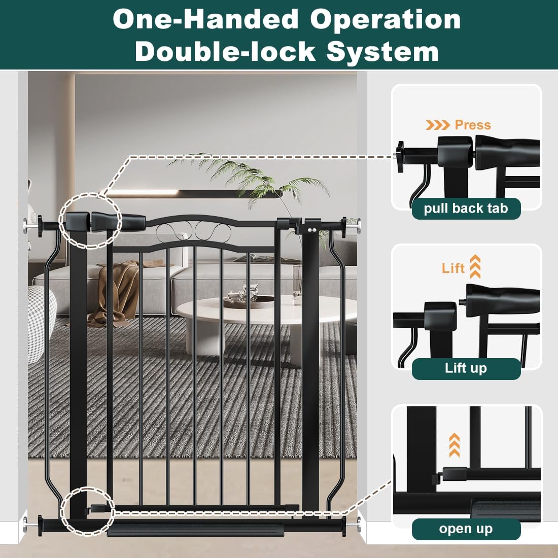53.1-62.5 Inch Extra Wide Baby Gate, Pressure Mounted Dog Gate Indoor, Walk Thru Pet Gate for Cat Dog Child,Pet Gates for The House Doorway Black