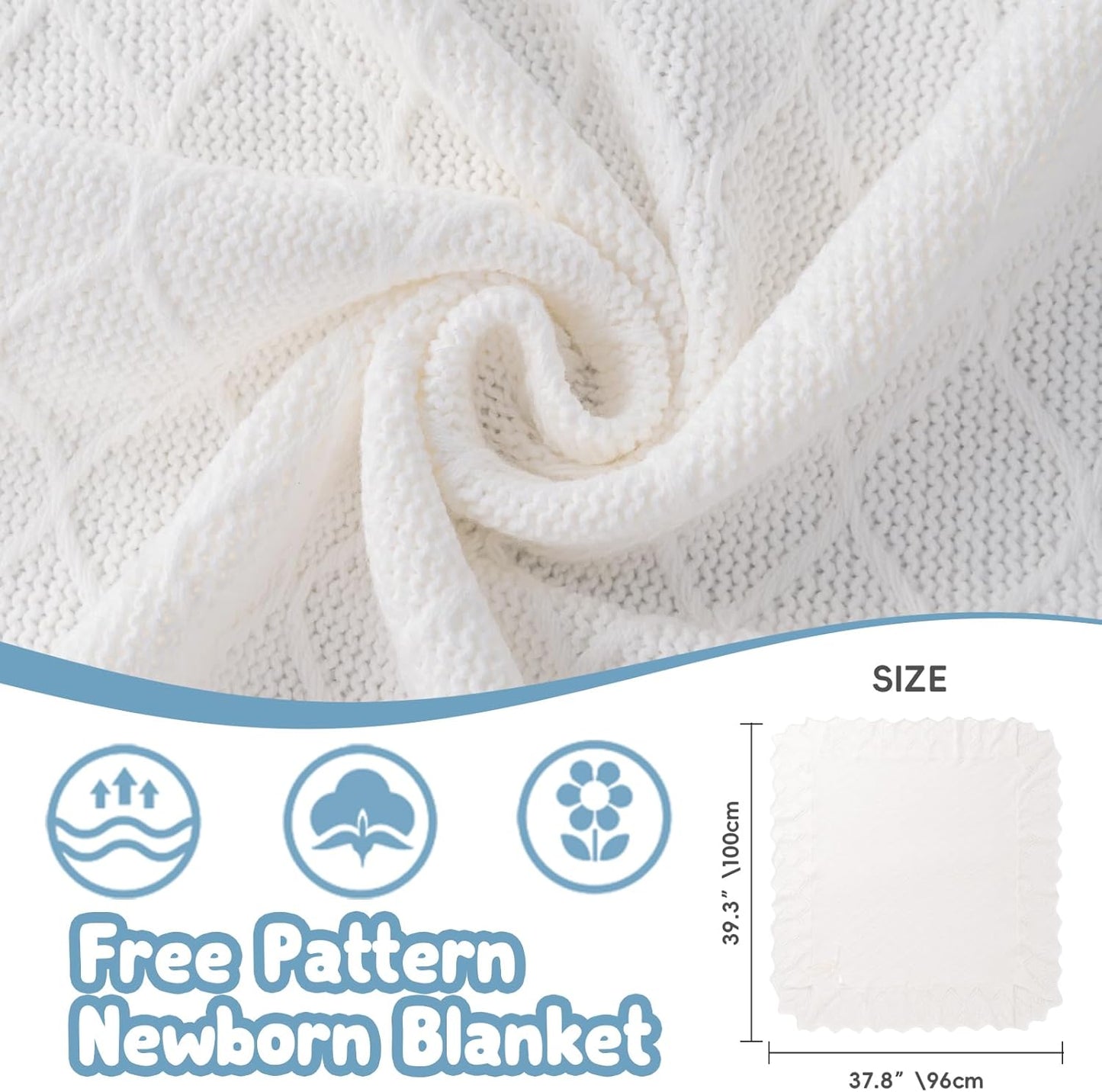 Booulfi Knit White Baby Blankets Neutral,Crib Stroller Newborn Blankets for Boys Girls,Cotton Lace Crochet Winter Blanket Nursery Blanket New Baby Essentials, 38X39