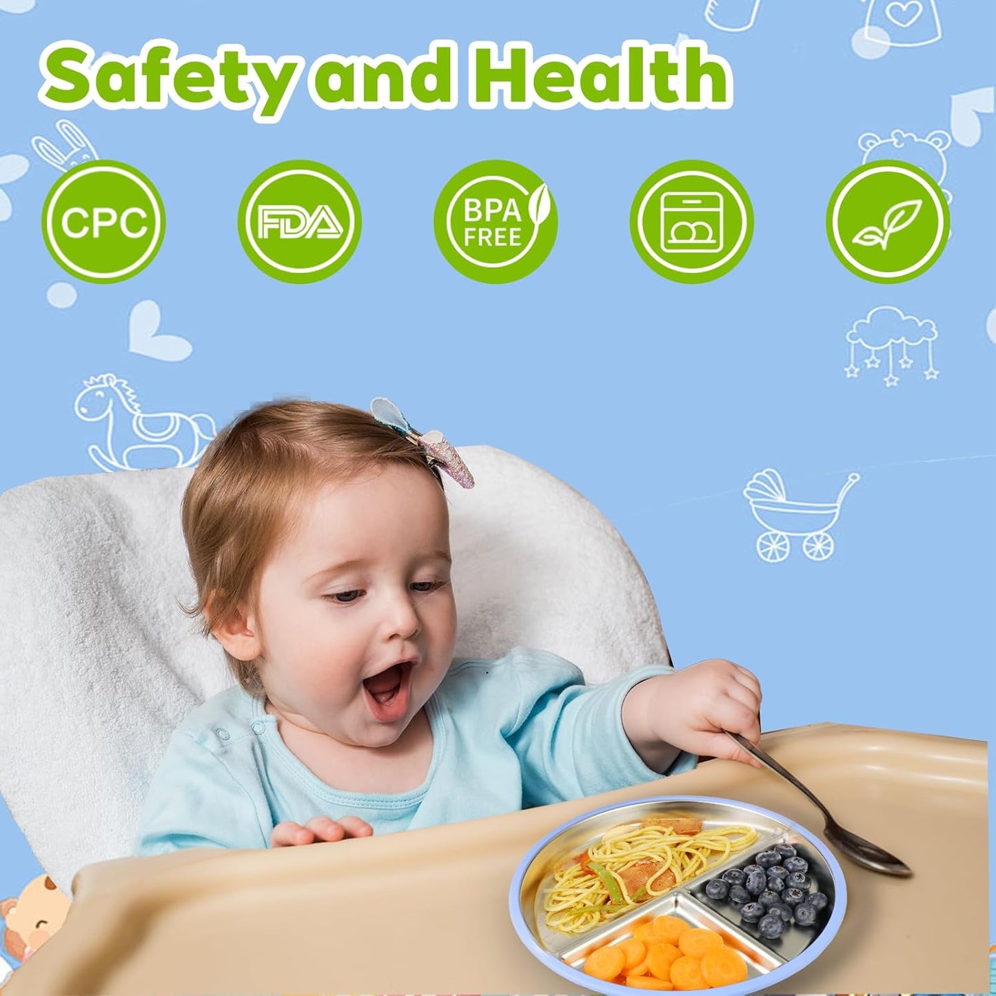 3-Pack Stainless Steel Baby Plates with Suction, BPA-Free Stainless Steel Kids Plates, 9” Divided Toddler Plate for Dishwasher Safe, Non-Slip Silicone Base, Detachable (Blue, Green, Purple)