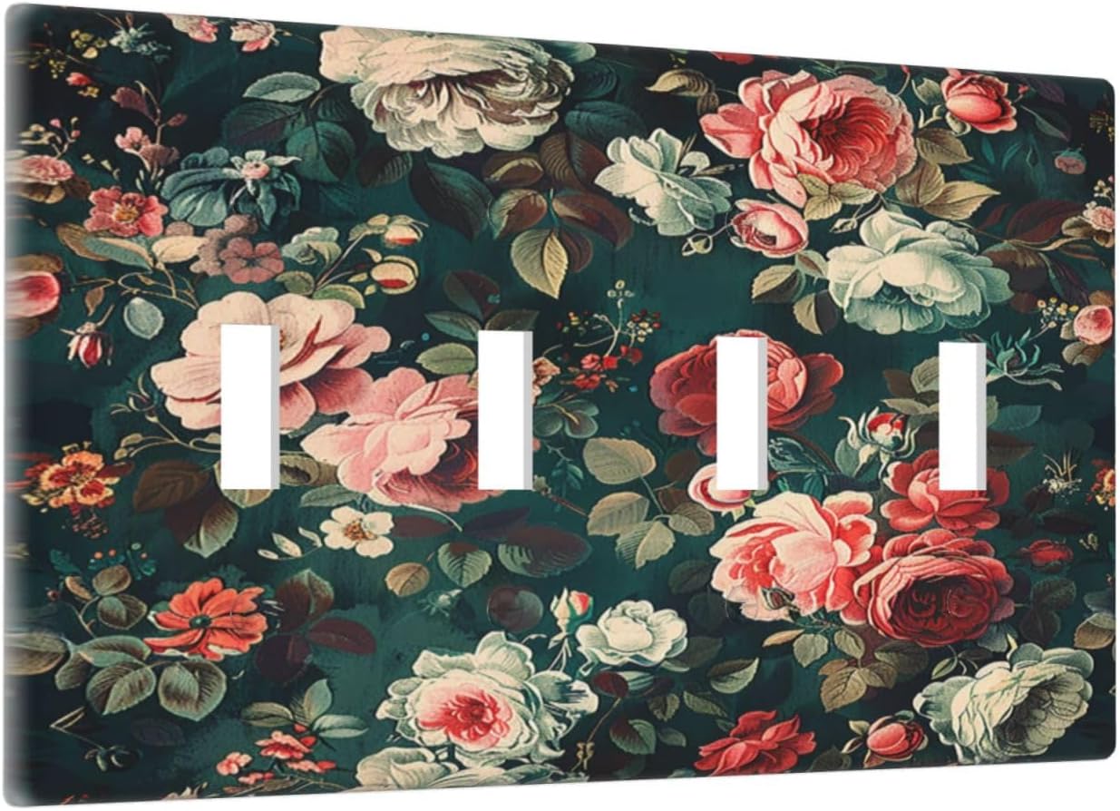 Light Switch Covers Baroque Vintage Peony Flower Floral Quad Toggle Electrical Faceplate 4 Gang Wall Plate Decorative Switch Plates for Bedroom Farmhouse Decor
