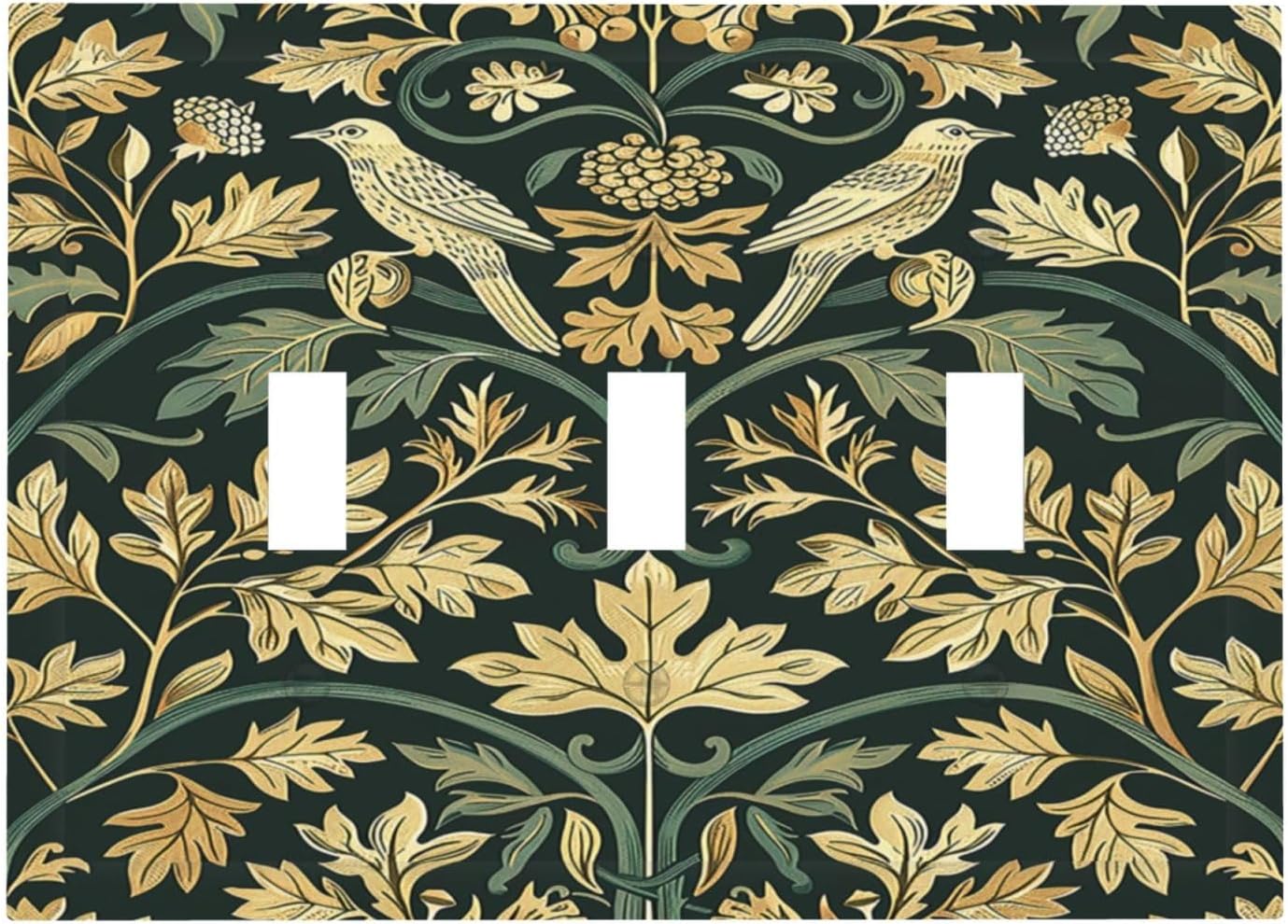 Decorative Switch Plates William Morris Vintage Botanical Birds Golden Green Leaves 3 Gang Wall Plate Triple Toggle Light Switch Cover Faceplate Electrical Wall Panels for Bedroom Home