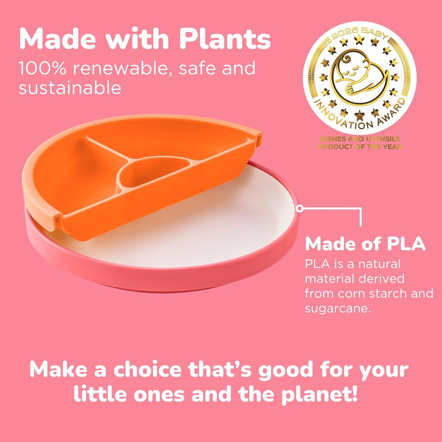 Omie® Easy Scoop Plates for Kids | Unique Design Helps Food Fall into the Spoon, Not on the Table | Made from Plants | 3 Plates + 2 Silicone Dividers | Pink