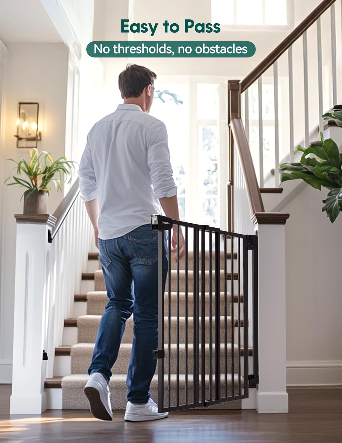 Babelio 29.7-46.5" No Bottom Bar Baby/Dog Gate for Stairs, House and Doorways, Auto Close Safety Pet Gates with Large Walk Thru Door, Hardware Mount, Black