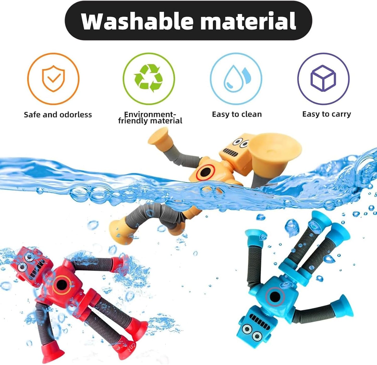 Bendable Robot Figures Set of 4, Flexible Suction Cup Men, Fidget Pop Tubes Sensory Toys for Girls and Boys