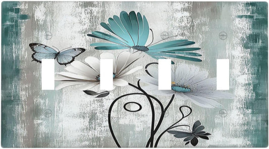 Light Switch Covers Rustic Teal Daisy Floral Flowers Butterfly Wood Grain Quad Toggle Electrical Faceplate 4 Gang Wall Plate Decorative Switch Plates for Bathroom Bedroom Decor