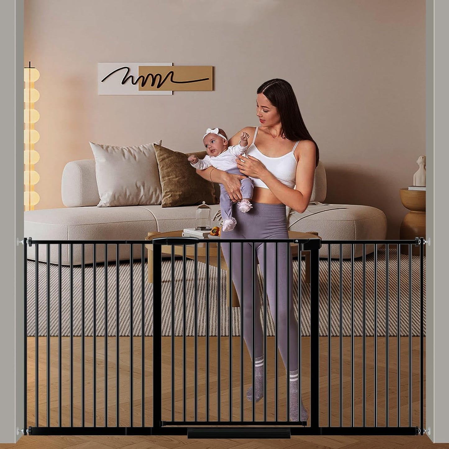 DEARBB Extra Wide Baby Gate Ultra Narrow Spacing 30.11-77.36" Pressure Mounted Double Lock Swing Auto Close Walk Through Metal Safety Pet Gate for Stairs and House Doorway Kitchen
