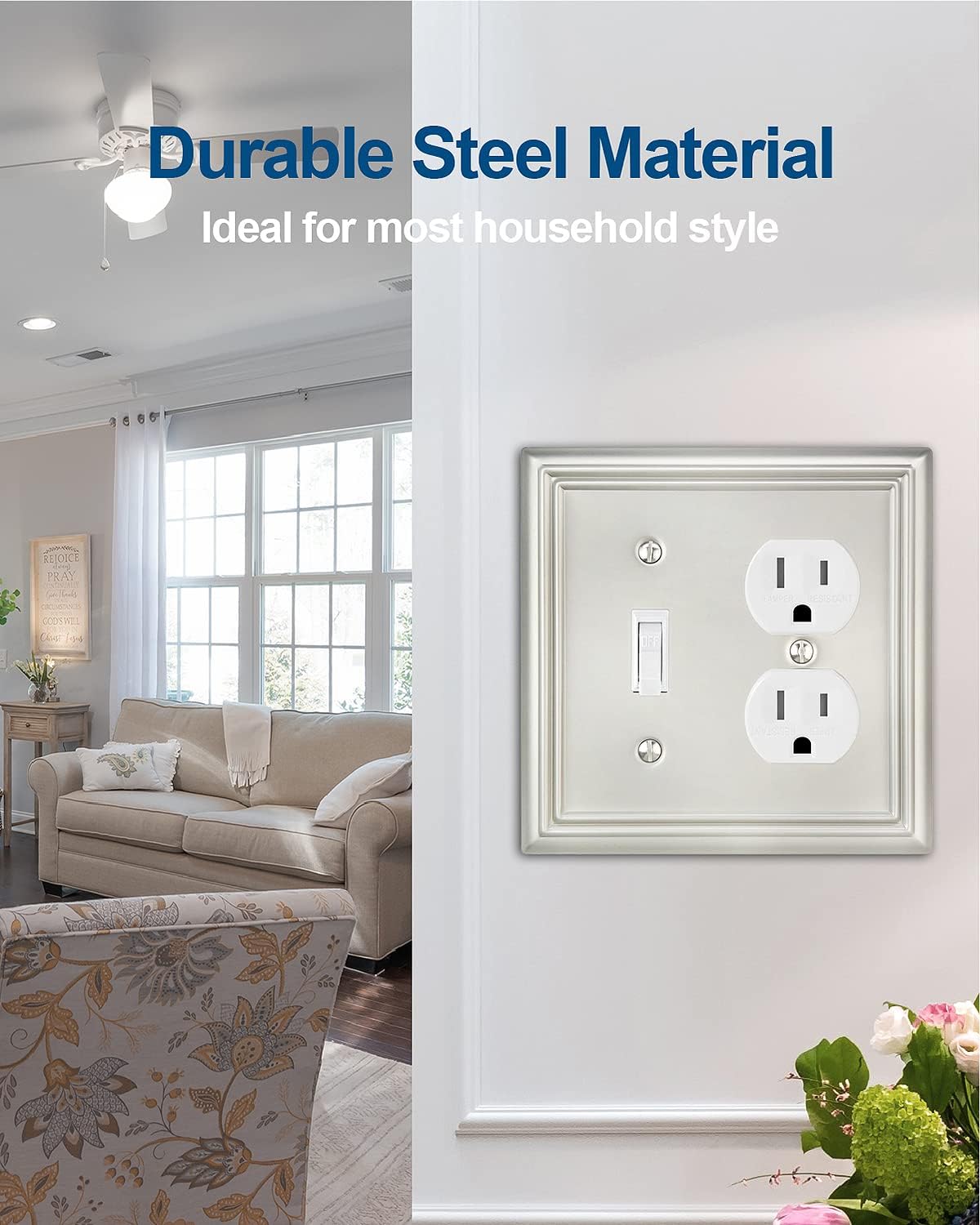 2-Pack Combination Toggle/Duplex Wall Plate, Wall Outlet Covers for Double Light Switches, Receptacle Outlet, Dimmer Switch, Satin Nickel Finish, Midsize, A031 Series