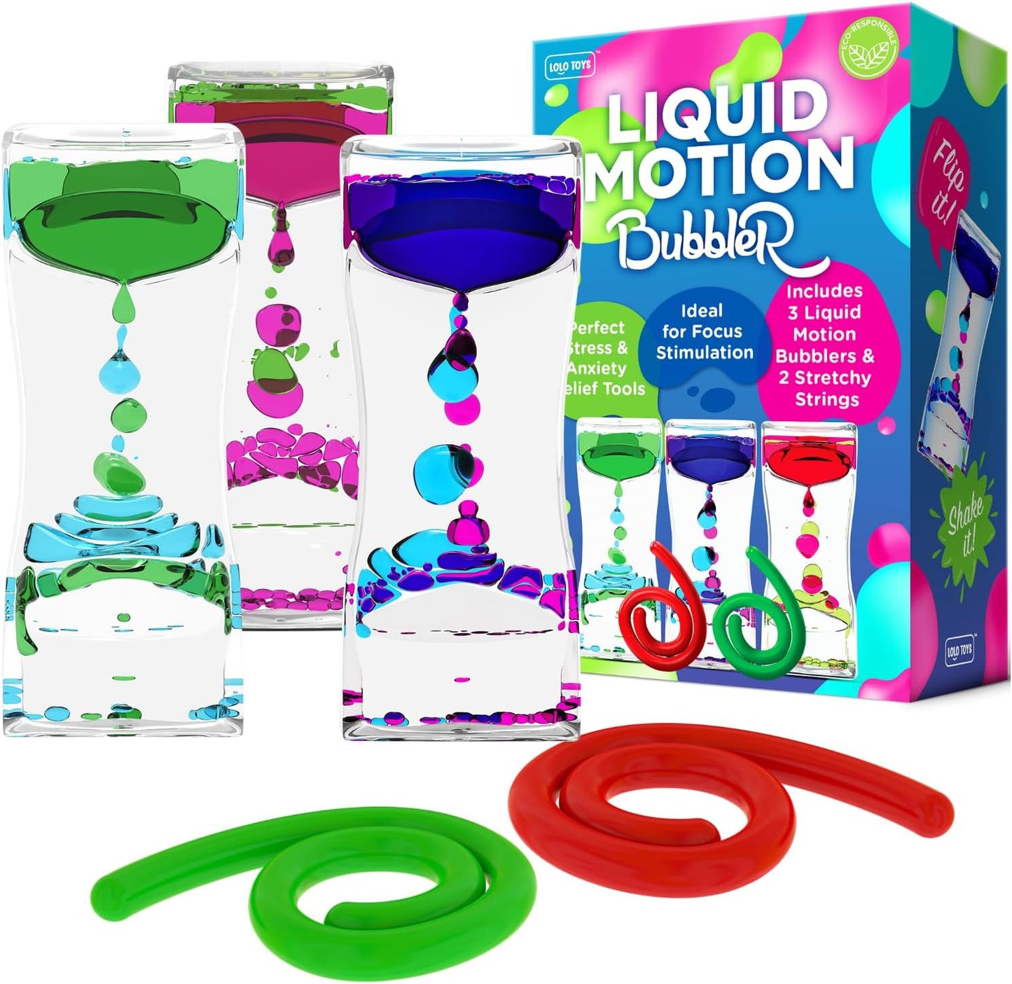 Liquid Motion Bubbler Sensory Toys – 5 Pc Set Bundle Stretchy String Fidget Toys Timer for Stress Relief and Anxiety Relief Great for ADHD Autism ADD Figit