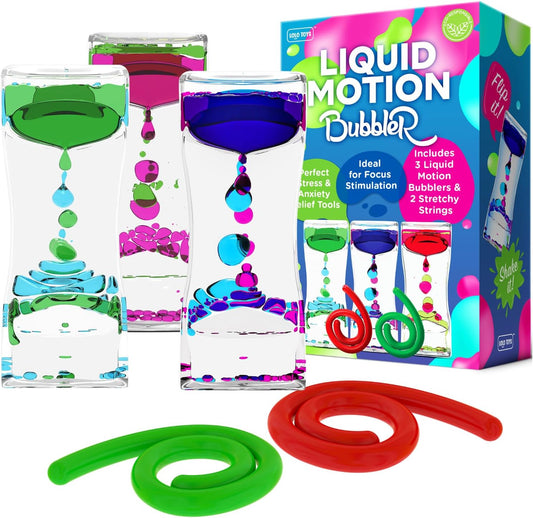 Liquid Motion Bubbler Sensory Toys – 5 Pc Set Bundle Stretchy String Fidget Toys Timer for Stress Relief and Anxiety Relief Great for ADHD Autism ADD Figit