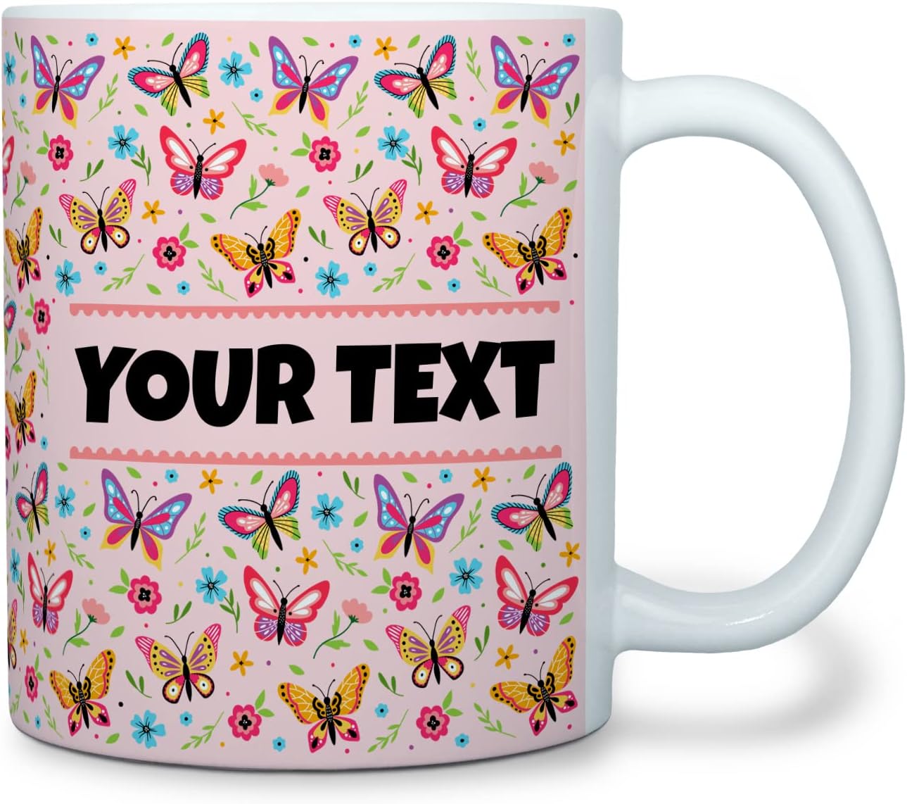 Personalized Mug for Kids - Butterflies - Custom Name/Text, Ceramic Hot Chocolate/Cocoa/Coffee Cup for Girls, Birthday/Christmas/Holiday Gift - 11 oz, White Handle