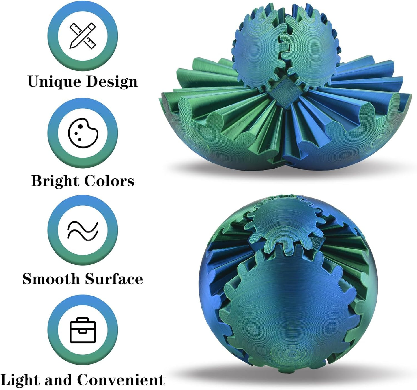 3D Printed Gear Sphere Ball – Colorful Gear Ball Fidget Gear Sphere Puzzle Cube Stress Relief Toy for Office and Home Decor Unique Gift Idea for Friends and Family (Blue&Green)
