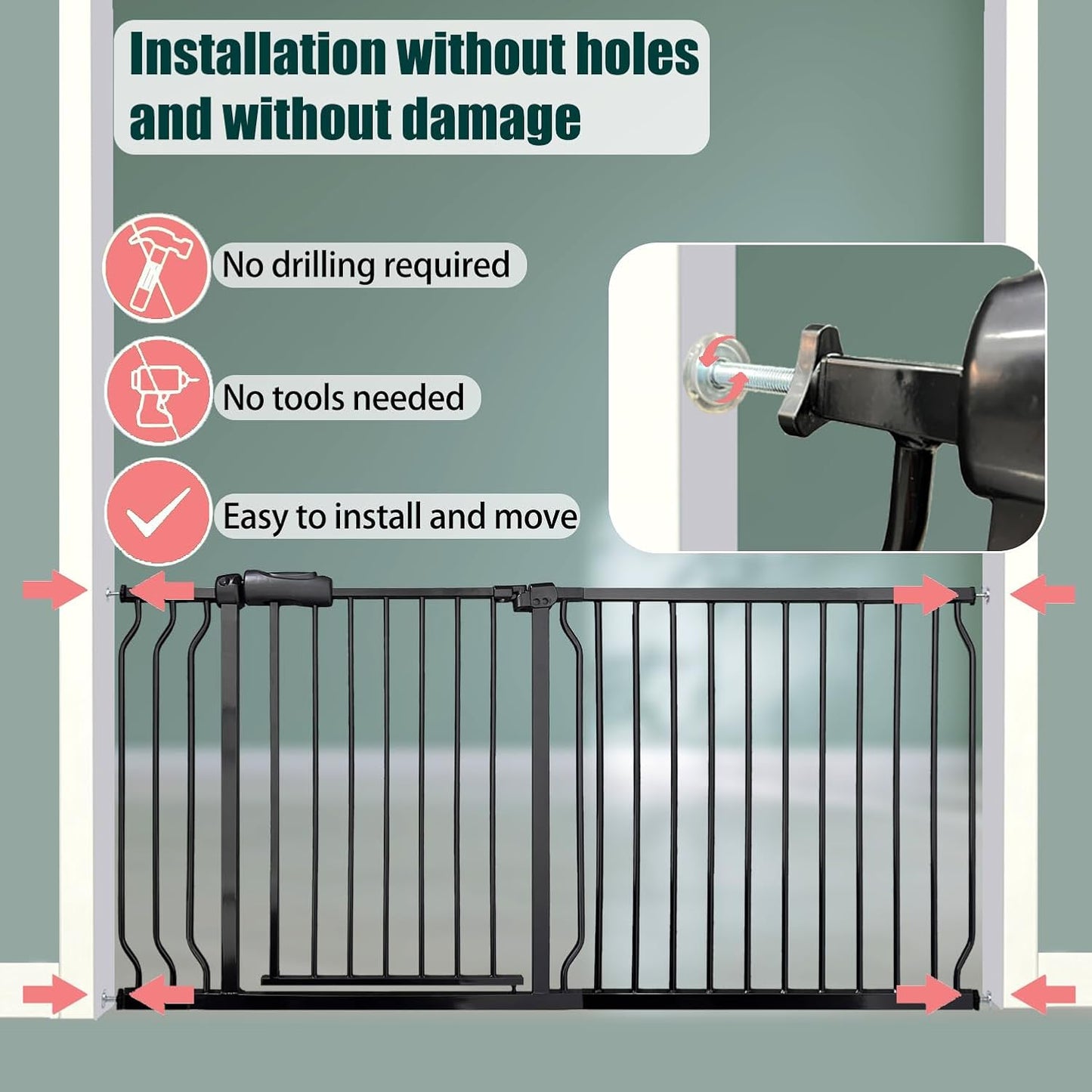 Heavy Duty Baby & Dog Safety Gate 86-104.7 Inch, Black Metal, Pressure Mounted No Drilling Pet Gate for Large Openings