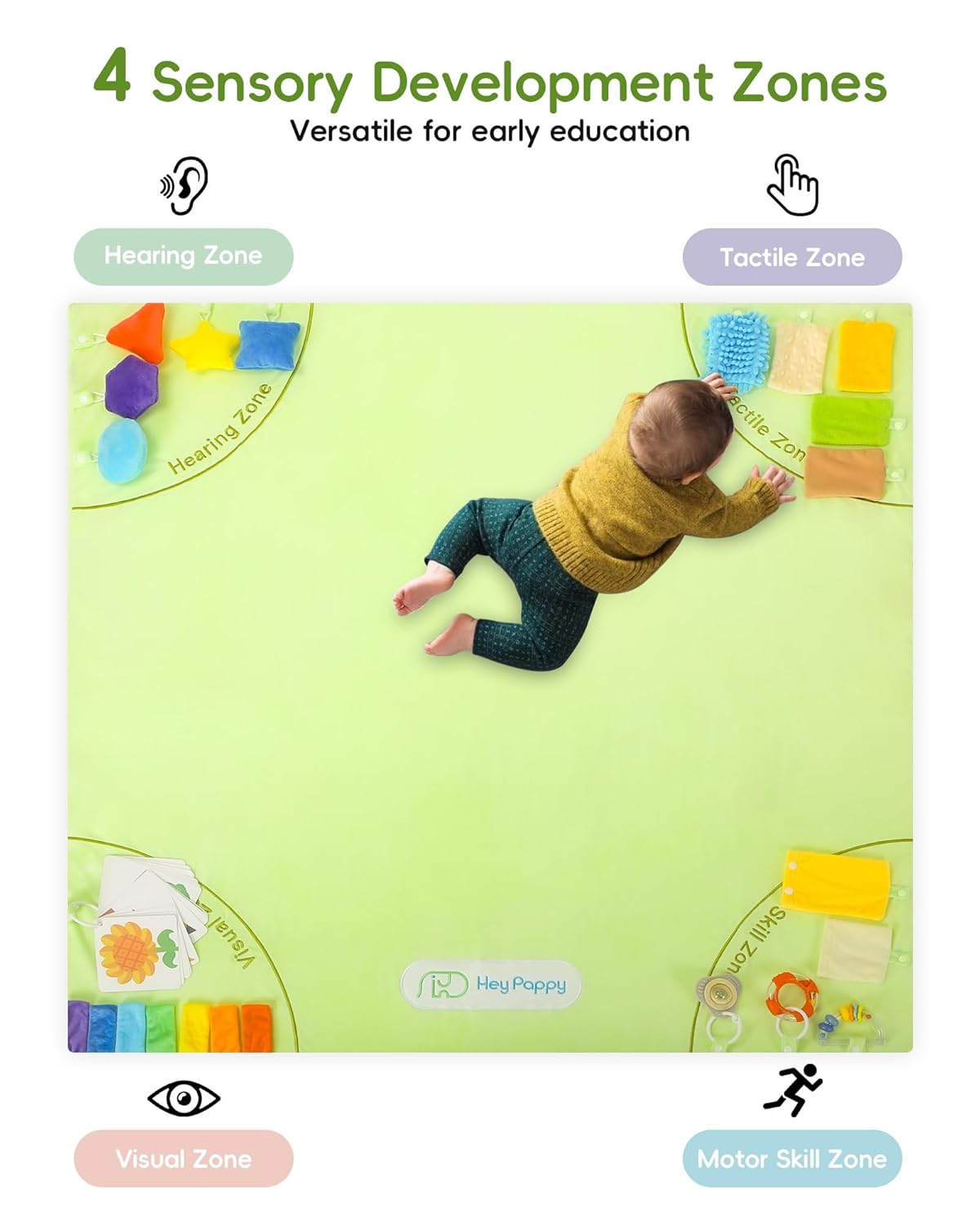 Baby Play Mat, 50''x50'' Playpen Mats with 4 Sensory Development Zones for Motor Skills, Unique Crawling Mats with Non-Slip Cushioned That Fits Nicely into Any Playroom, Green