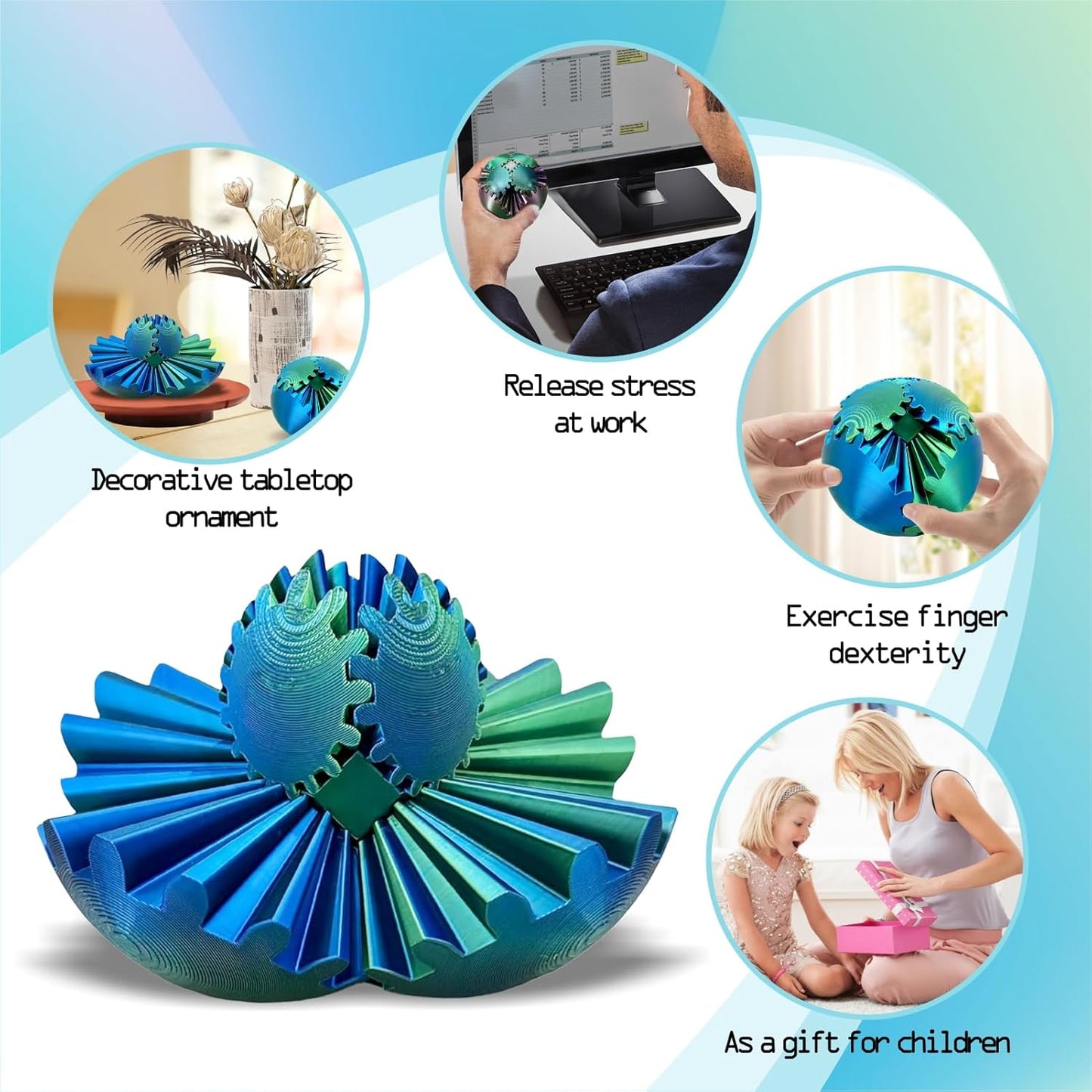 Gear Ball - GearSphere Fidget Toy, 3D Printed Gear Ball Spin Ball Cube Desk Toy, 2024 Gear Sphere Cube Puzzlefor Adults Kids, Stress and Anxiety Relaxing Fidget Toy (Blue-Green)
