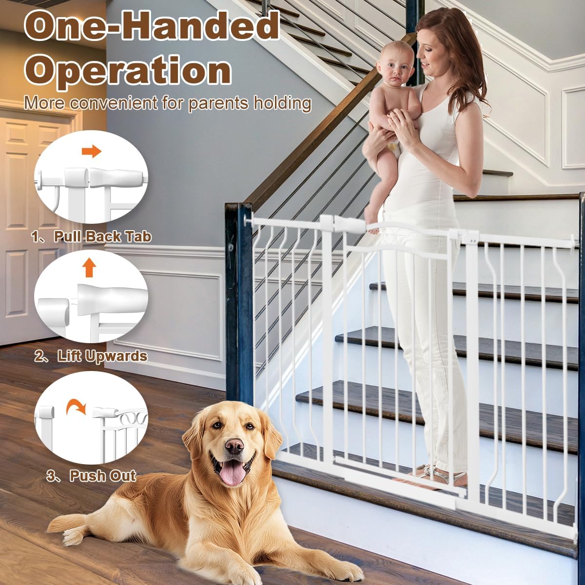 Extra Wide Baby Gate for Doorways No Drill 29.53"-53.1", 30" Tall Auto Close Press Mounted Baby Safe Gate for Stairs, Walk Through Dog Gates for Doorways, White