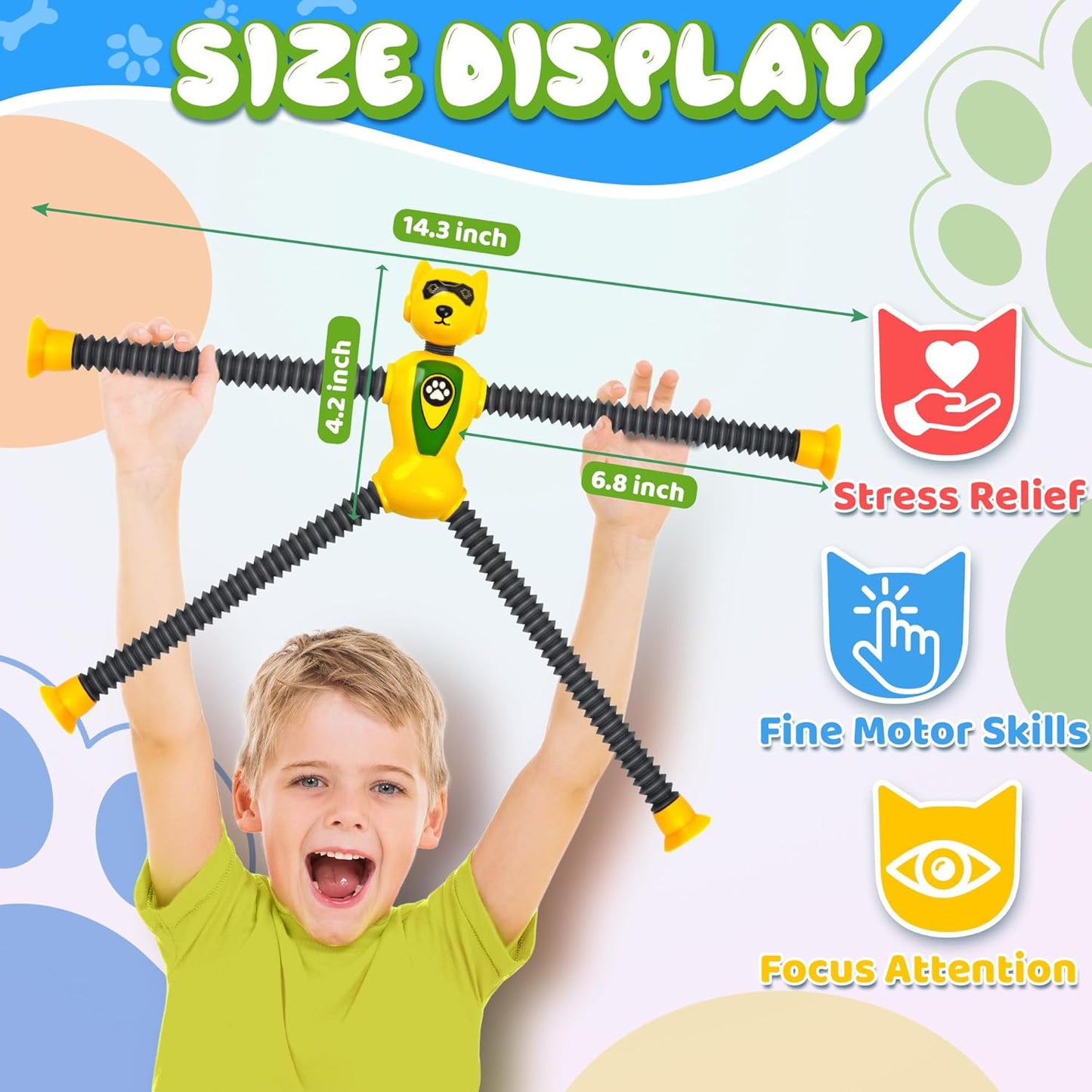 Cool Robot Dog Pop Tubes Sensory Fidgets Toddler Toy 4PC Travel Toys Airplane Car Activities Autistic Road Trip Toys Suction Tube for Kid Boy Year Old Ages 3 4 5 6 7 8 ADHD Autism Fidget Classroom