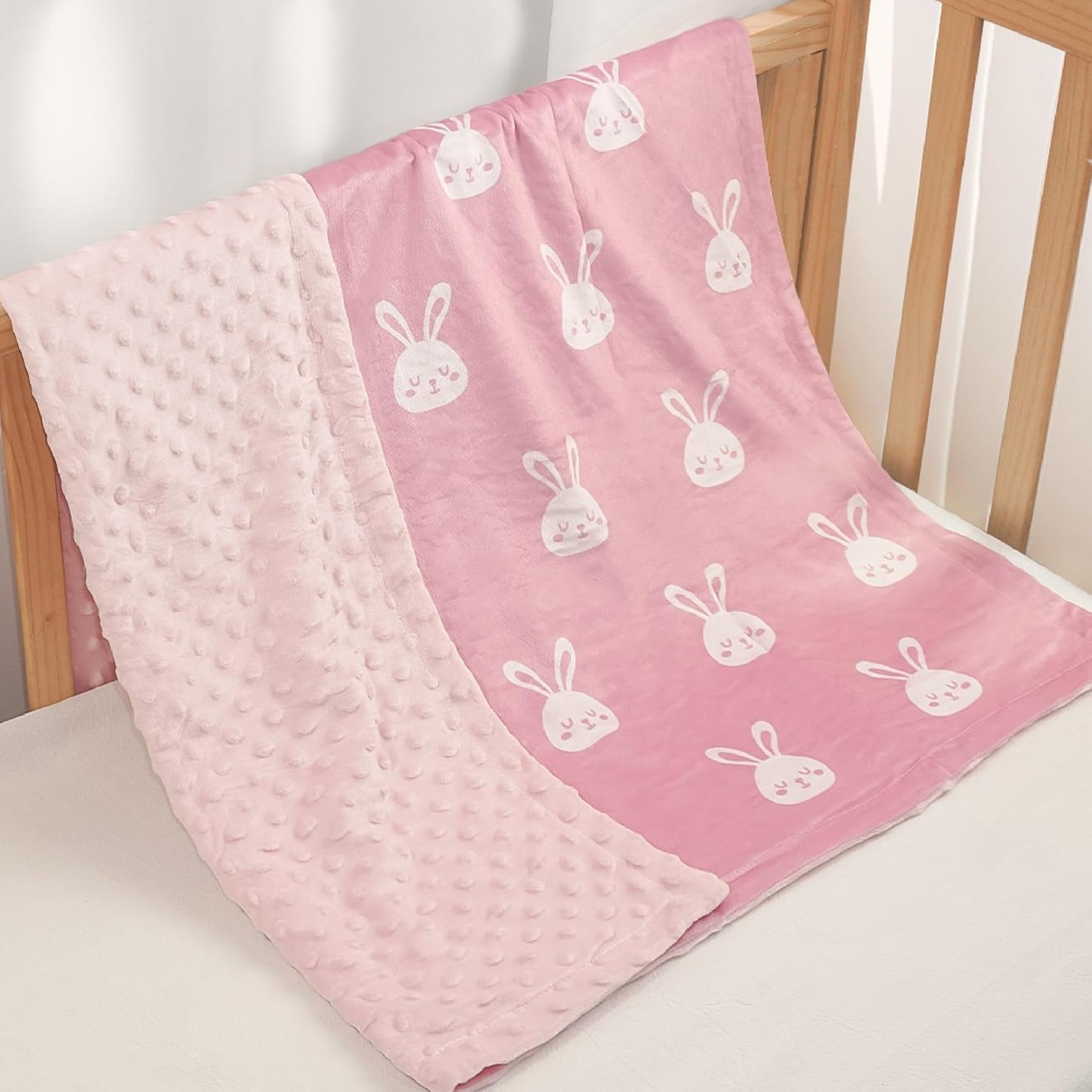 Rabbit Minky Baby Blanket 30 x 40 Inches for Girls, Soft Plush Receiving Blanket with Dotted Back, Gift for Toddler Newborn Infant Christmas Birthday Baby Shower