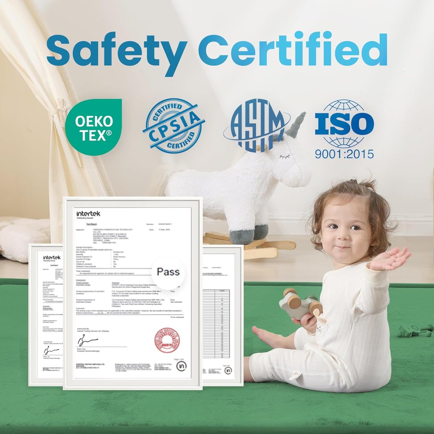 Ultra Soft Baby Play Mat,1.3" Thick Elasti-Foam 59"×71" Playpen Mat for Infants,Toddlers,Kids,Water-Repellent Coral Fleece Nursery Rug,Non-Slip Safe for Tummy Time&Crawling(Emerald)