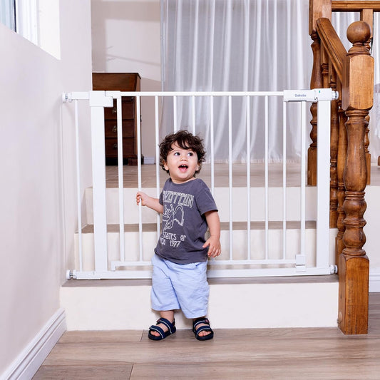 BABELIO Baby Gate for Doorways and Stairs, 41-46" Pet Gate with Wide Walk Thru Door and Lock Indicator, No Drill Pressure Mounted Safety Gate with Double Lock and Self-Closing, White