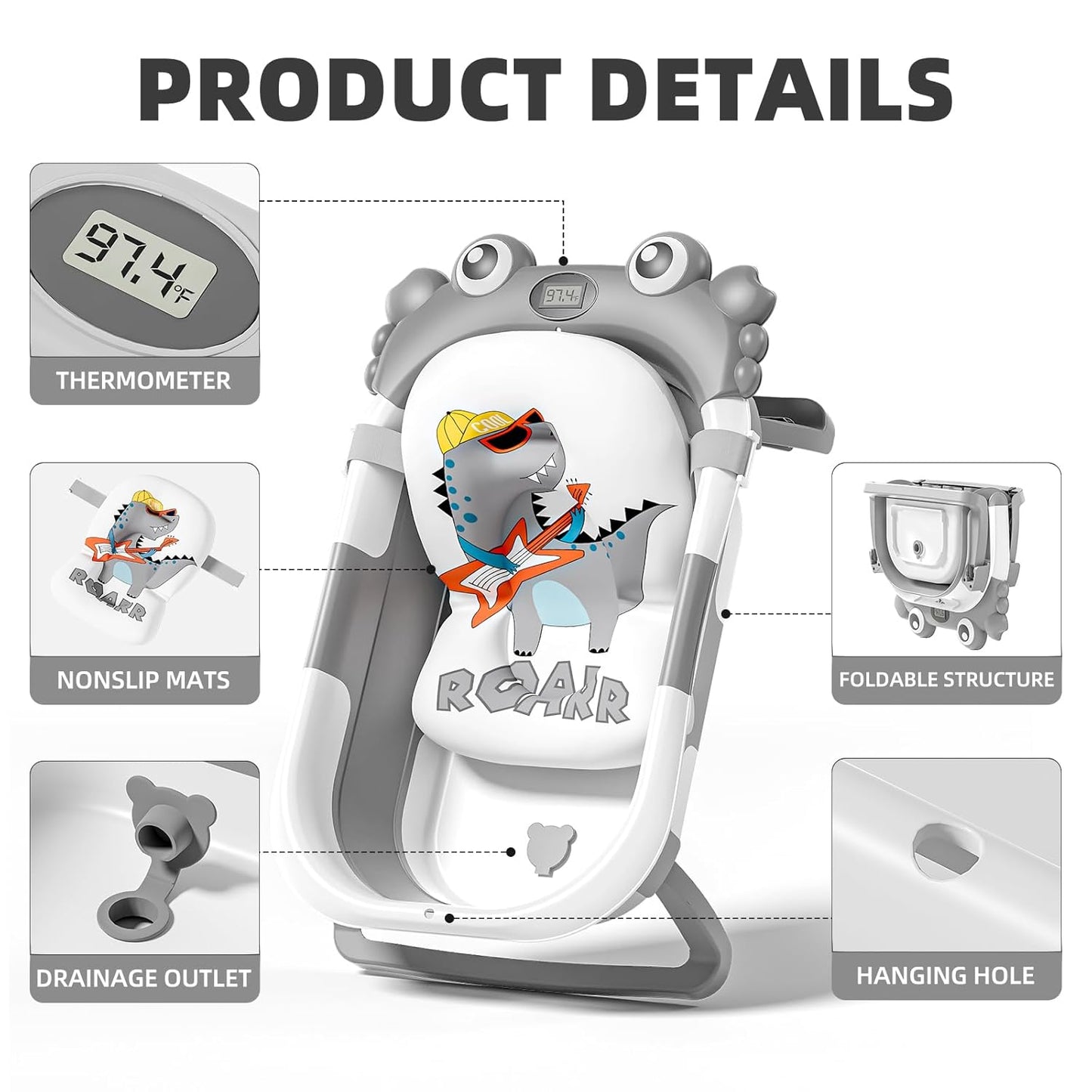 Collapsible Baby Bathtub for Newborns to Toddler with Real-time Temp Monitor & Floating Cushion,Portable Travel Tub for 0-36 Month, Foldable Baby Bath Tub for Infants Boy (Grey)