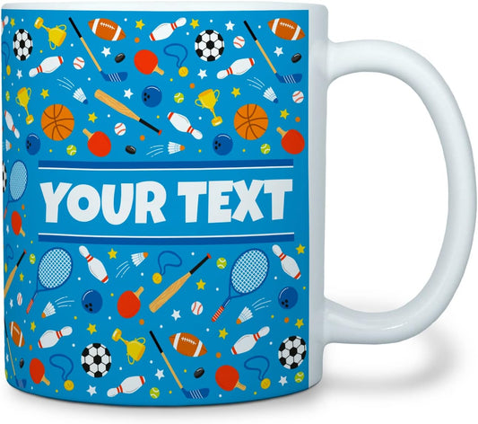Personalized Mug for Kids - Sports - Custom Name/Text, Ceramic Hot Chocolate/Cocoa/Coffee Cup for Boys/Girls, Birthday/Christmas/Holiday Gift - 11 oz, White Handle