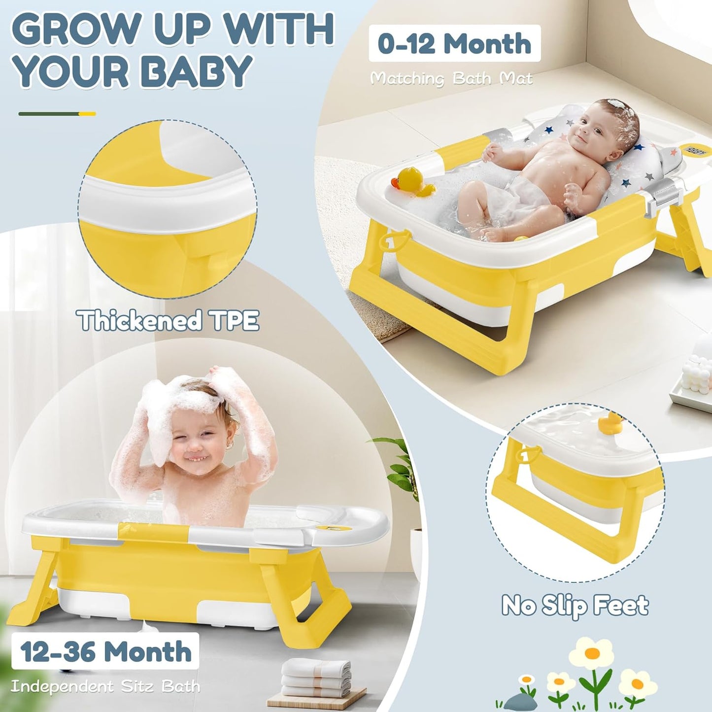 Collapsible Baby Bathtub,Baby Bath Tub with Thermometer & Soft Cushion,Baby Bathtub for Newborn to Toddler 0-36 Months,Portable Travel Baby Tub with No-Slip Feet,Baby Shower Gifts,Yellow