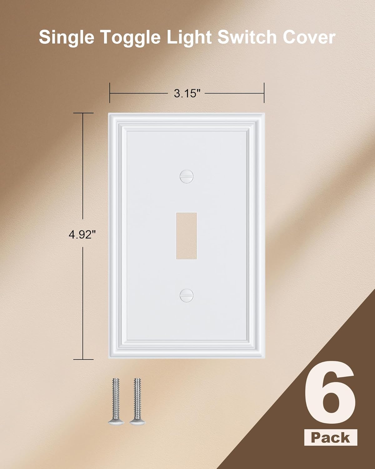 6-Pack Single Toggle Light Switch Cover Plate, Durable Solid Zinc Alloy Decorative Switch Plate Covers, White 1 Gang Wall Plate, Corrosion Resistant