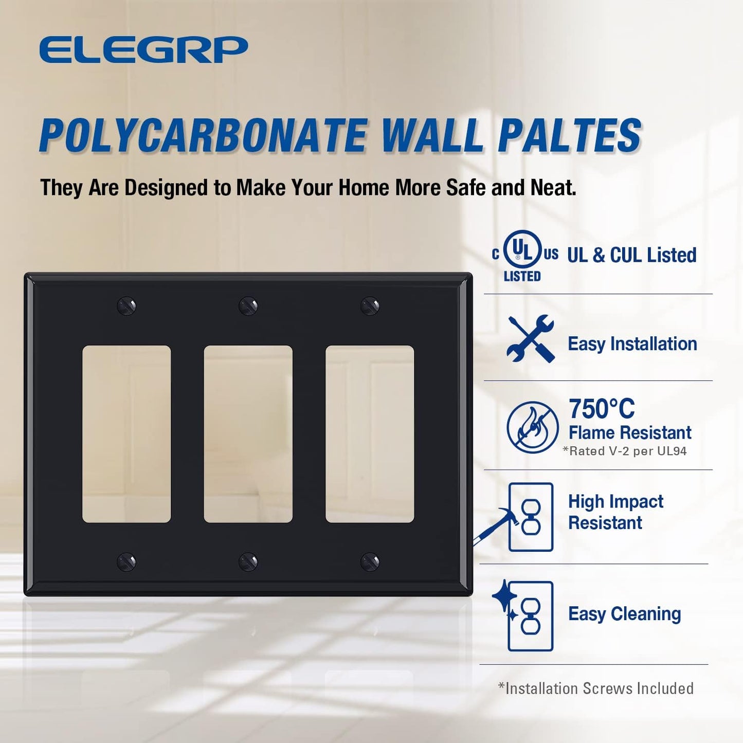 ELEGRP 3-Gang Decorative Wall Plates, Mid-Size 4.88" H x 6.75" L Unbreakable Thermoplastic Faceplate Cover for Decorator Receptacle Outlet Switch, UL Listed (10 Pack, Glossy Black)