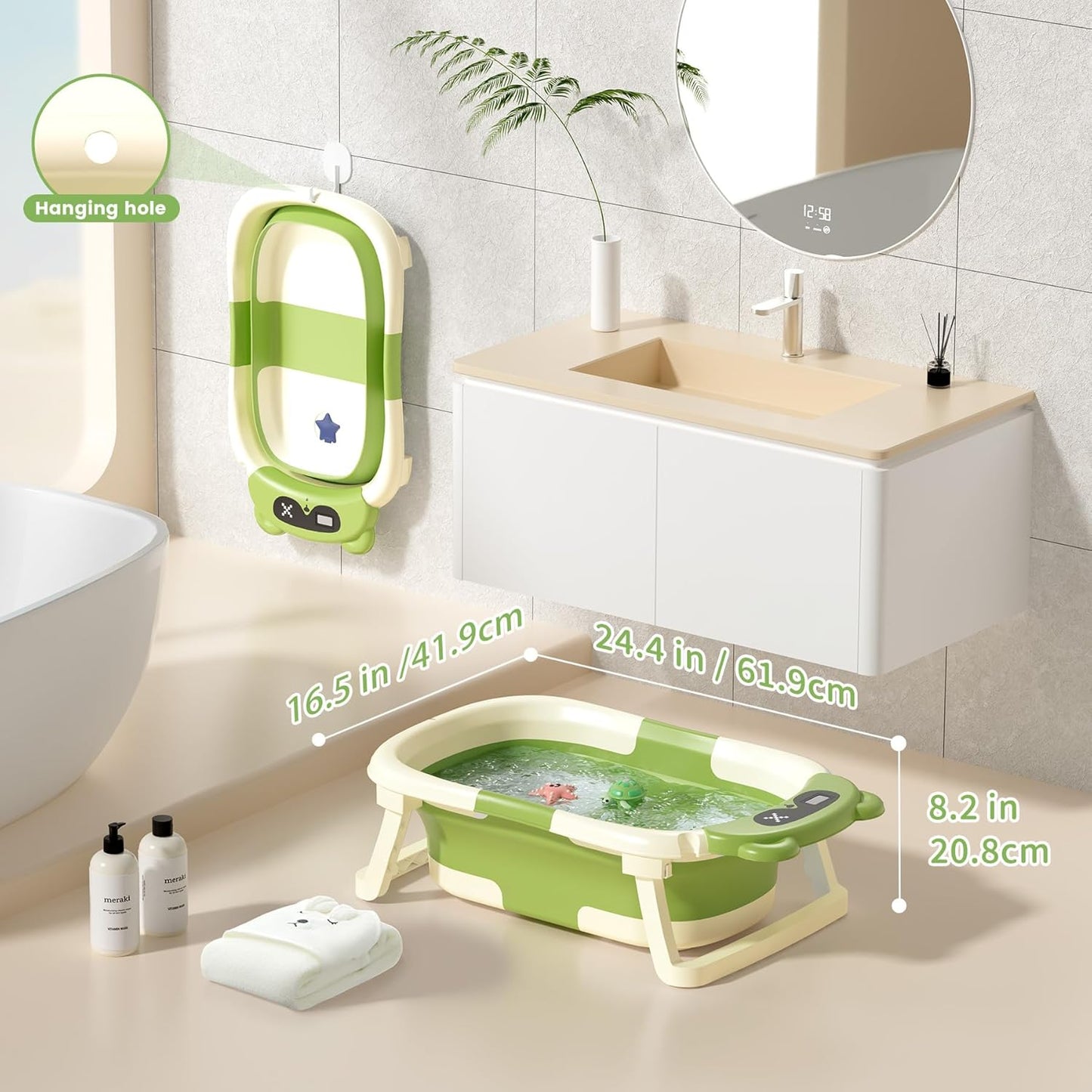 Collapsible Baby Bathtub for Newborn to Toddler (0-18 Month) - Portable Baby Bath Tub for Travel, Newborn Bathtub with Soft Towel and Floating Cushion (Green)