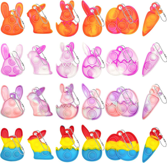 48 Pack Easter Pop dget Toys Keychain Basket Stuffers Eggs Bunny Carrot 4 Colors Push Bubble Sensory Squeeze Popper Stress Relief Party Favor Gifts for Kids