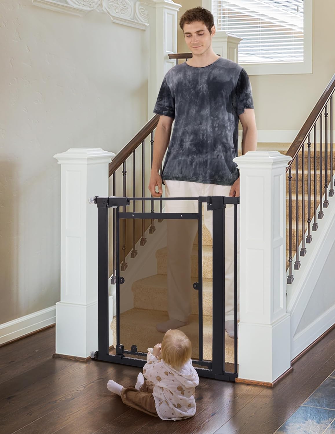 Babelio Clear Baby Gate, 29"-40" Door for doorways, Auto Close for Dog/Pet, Modern Acrylic, Elegance Meet Safety, Pressure Mounted for Child, Black