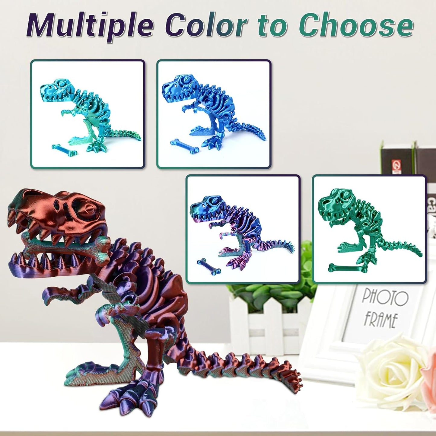 3D Printed Dinosaur Bone Skeleton Tyrannosaurus Rex with Movable Jaw Fidget Dinosaur Toys Full Articulated Dinosaur Executive Desk Toys Home Office Decor, Green Mix Purple