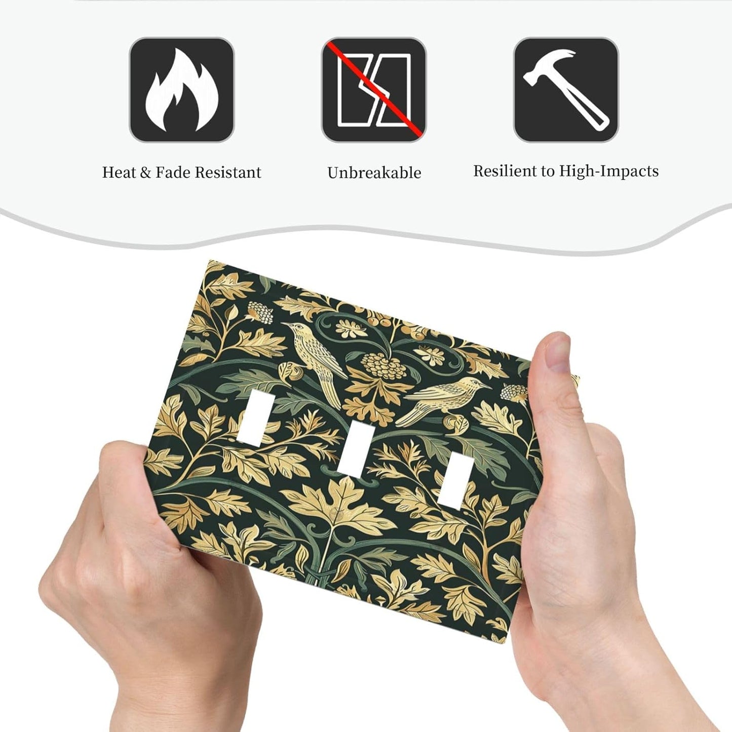 Decorative Switch Plates William Morris Vintage Botanical Birds Golden Green Leaves 3 Gang Wall Plate Triple Toggle Light Switch Cover Faceplate Electrical Wall Panels for Bedroom Home