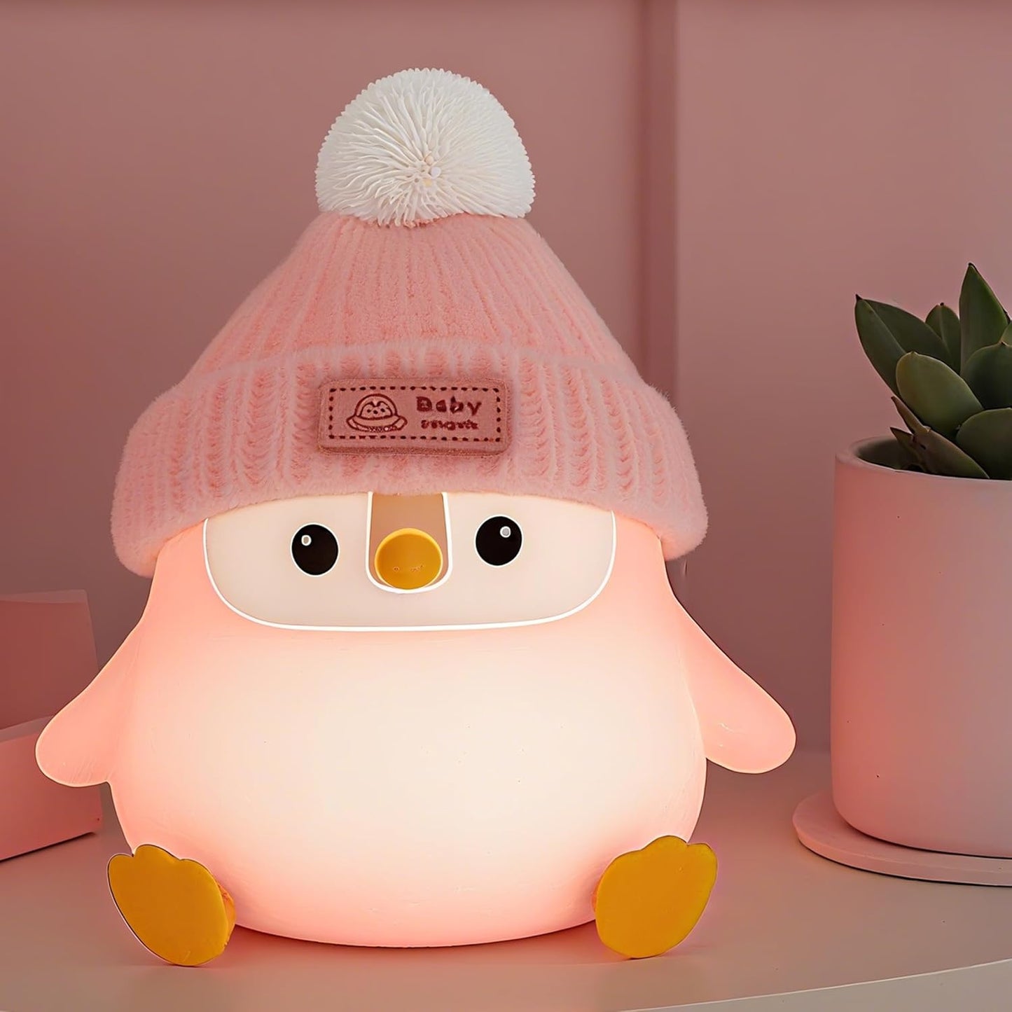 Penguin Silicone Night Light, Cute Pink Penguin Lamp with Knitted Hat, Soft Nursery Nightlight, USB Rechargeable/Dimmable,LED Squishy Novelty Animal Bedside Lamp,Funny Gifts for Kids/Girls