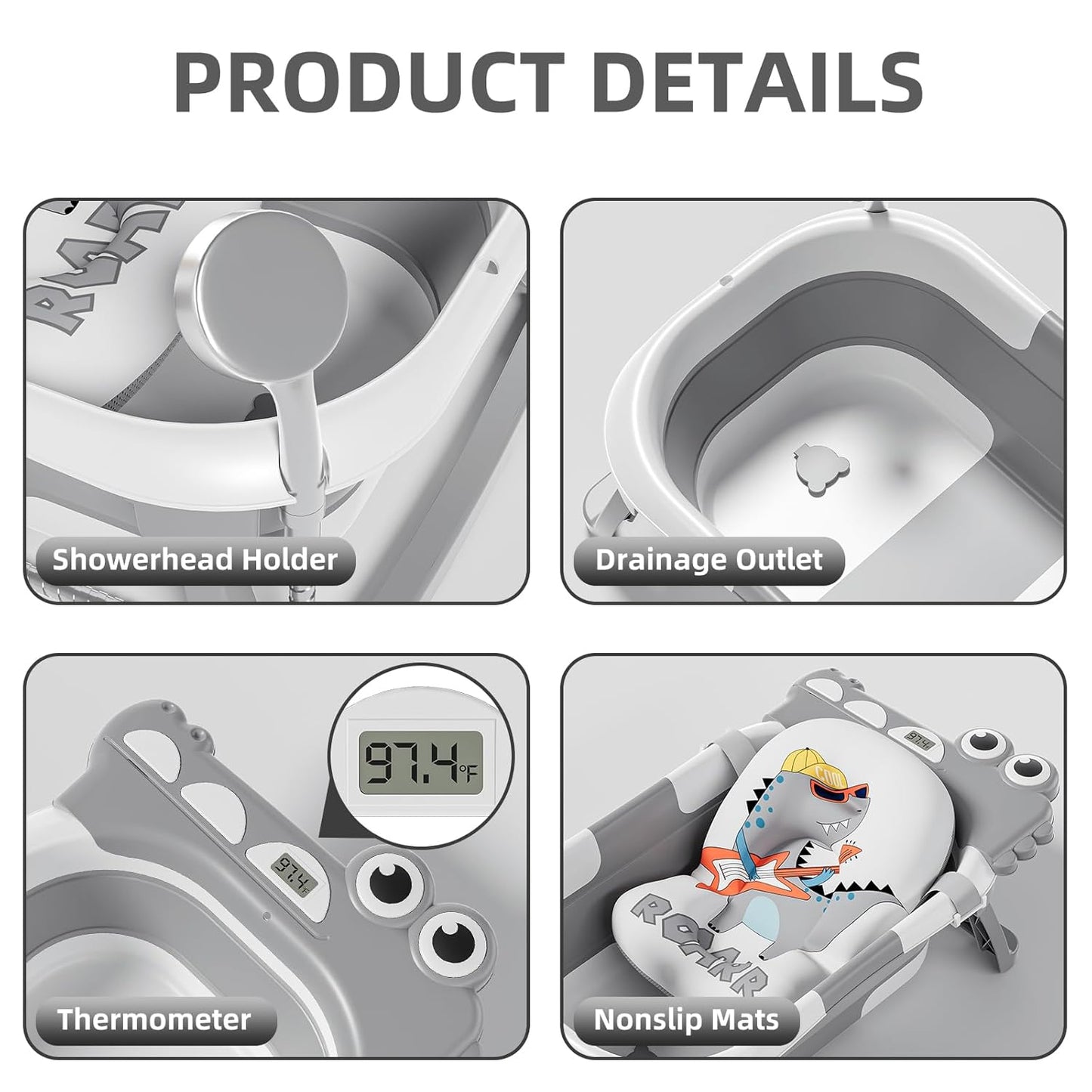 Collapsible Baby Bathtub for Newborn, Foldable Baby Bath Tub with Thermometer & Soft Floating Cushion & Drain Hole, Portable Travel Infant Bath Tubs for Newborns to Toddlers 0-36 Months Boys, Grey