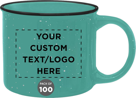 DISCOUNT PROMOS Custom Ceramic Campfire Coffee Mugs 13 oz. Set of 100, Personalized Bulk Pack - Perfect for Tea, Espresso, Cappuccino, Hot Cocoa - Mint
