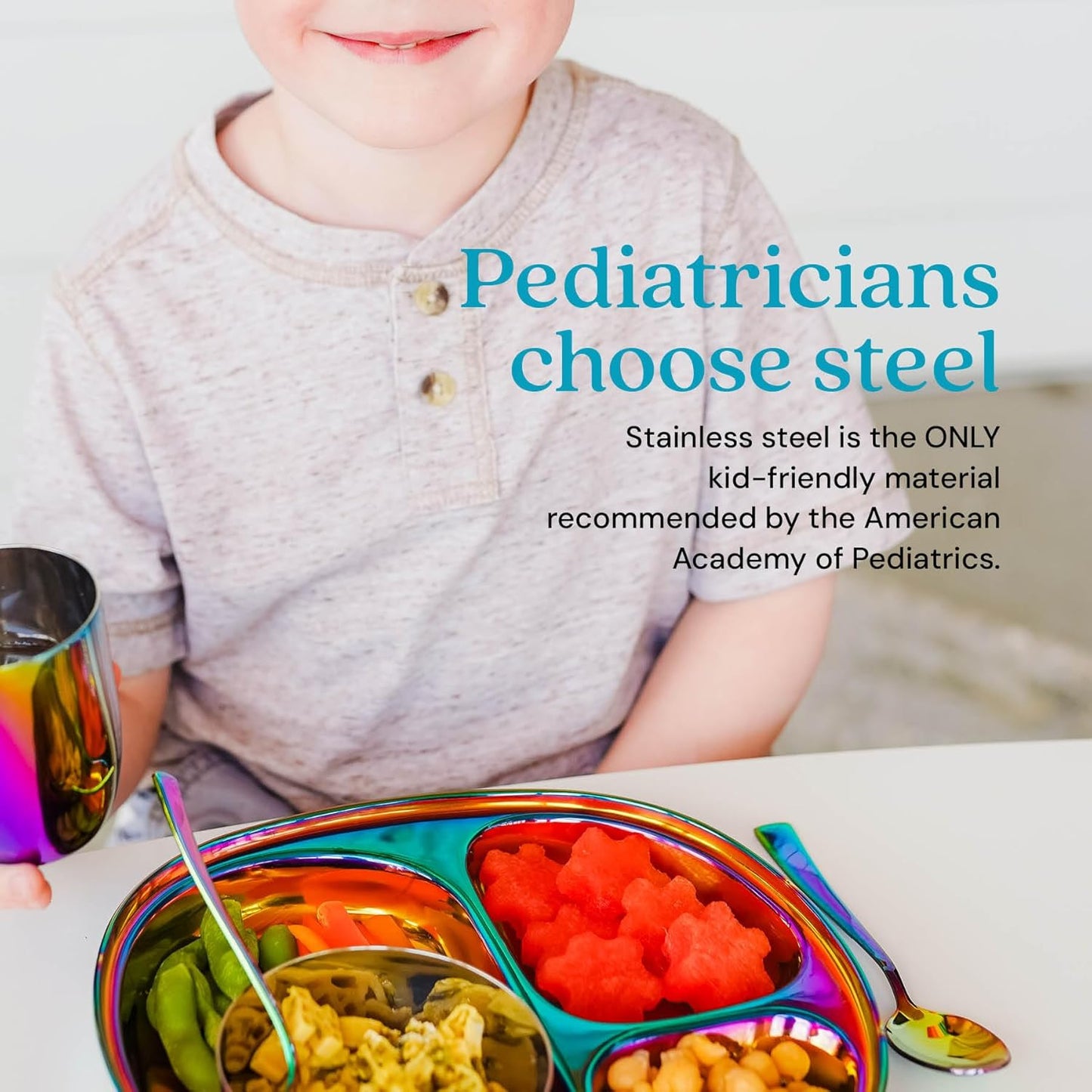 Ahimsa Stainless Steel Kids Plates - Divided Toddler Plates, Pediatrician Designed, Non Toxic Toddler Plate, BPA Free & Dishwasher Safe (Rainbow Single)