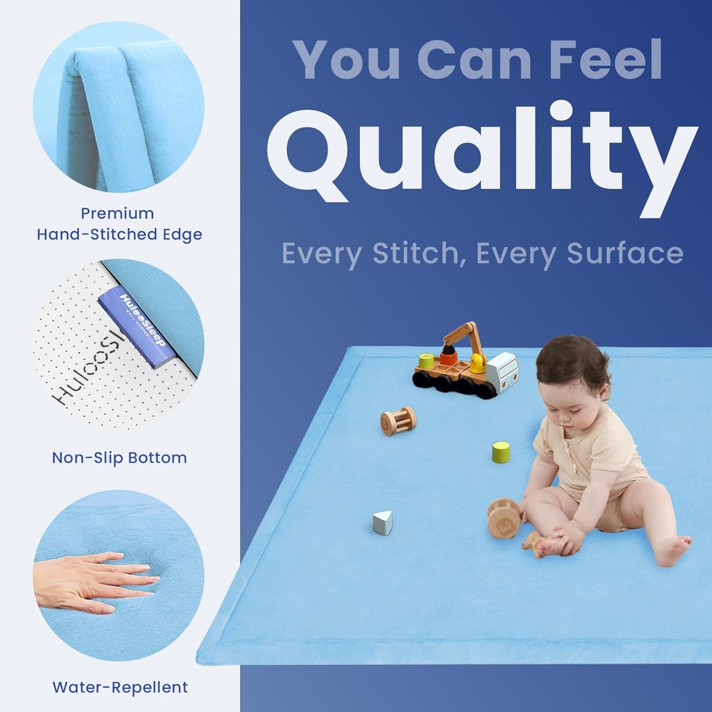 Baby Play Mat for Floor,1.3" Thick Elasti-Foam 50x50 Playpen Mat for Toddlers Infant kids,Water-Repellent Soft Coral Velvet for Tummy Time,Non-Slip Backing for Crawling,Tatami Style(Light Blue)