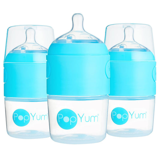 PopYum 5 oz Blue Anti-Colic Formula Making/Mixing/Dispenser Baby Bottles, 3-Pack with #1 Slow Flow Nipples, 150 ml, BPA-Free, Natural Latch