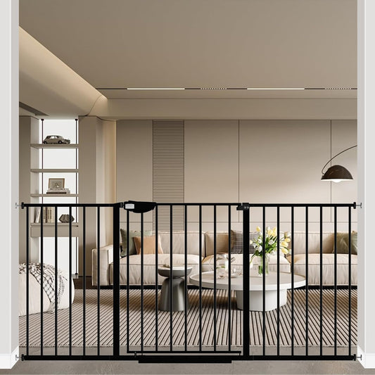 WAOWAO Triple Lock 49.21-66.54" Baby Gate Extra Wide Pressure Mounted Walk Through Swing Auto Close Safety Black Metal Dog Pet Puppy for Stairs,Doorways,Kitchen
