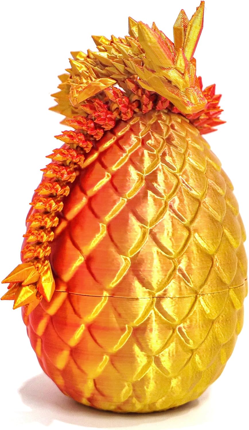 Dragon Egg - 3D Printed Egg with Flexible Pearly Sheen Dragon Inside, 3D Printed Surprise Gift, Articulated Dragon Egg Fidget Toy, Decor (12” Dragon,Red Mix Gold)