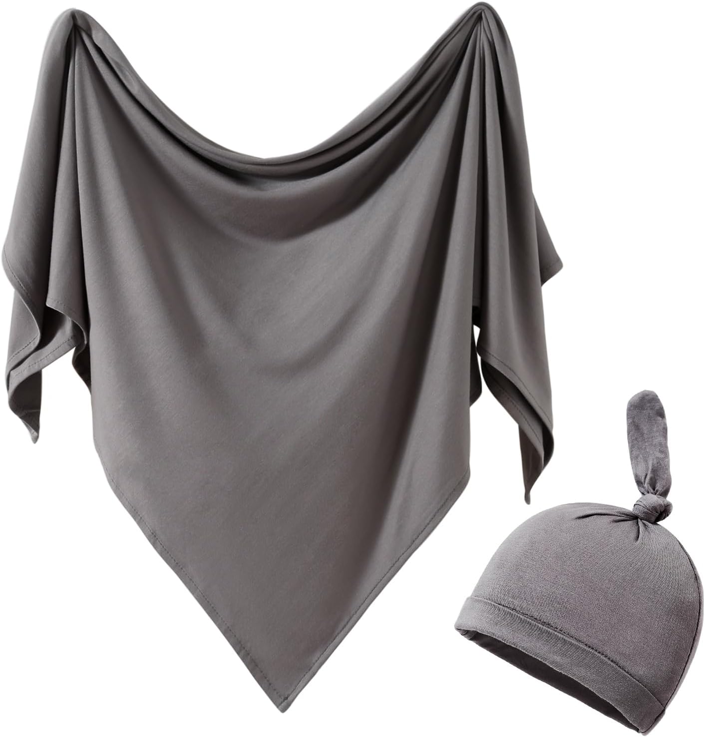 iEvolve Cotton Knitted Baby Swaddle Blanket with Hat Headband Set Newborn Swaddle Wrap Receiving Blankets for Baby Girl Boy 45" x 45"(Dark Grey)